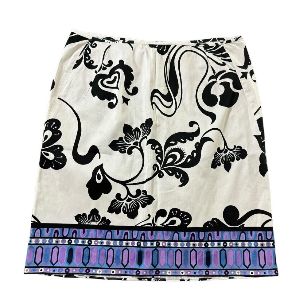 Tahari White Floral Borage Zip Knee Length Skirt Stretch Purple Black Pattern 10